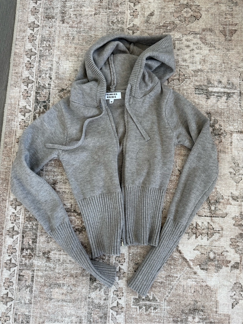 Frankie's Bikinis Gray Hooded Ribbed Zip Sweater